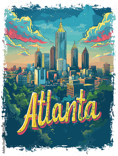 Atlanta (Georgia ) city, USA. Touristic Greeting Card, travel poster from Atlanta. Art Vector Illustration