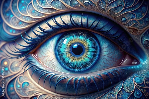 intricate anatomical illustration iridescent blue hues delicate corneal patterns surgical precision photo