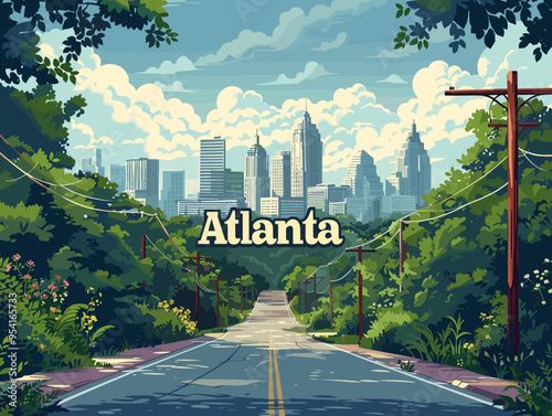 Atlanta (Georgia ) city, USA. Touristic Greeting Card, travel poster from Atlanta. Art Vector Illustration