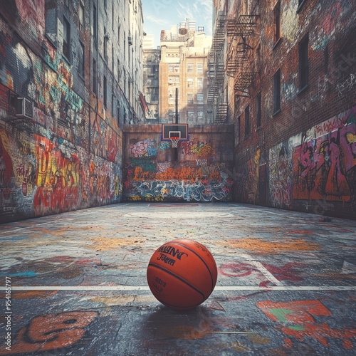 A basketball resting on a weathered court in a city alley