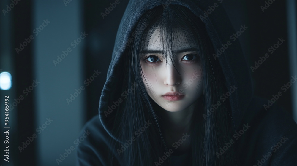 フードを被っている若い女性 フードを被っている若い女性