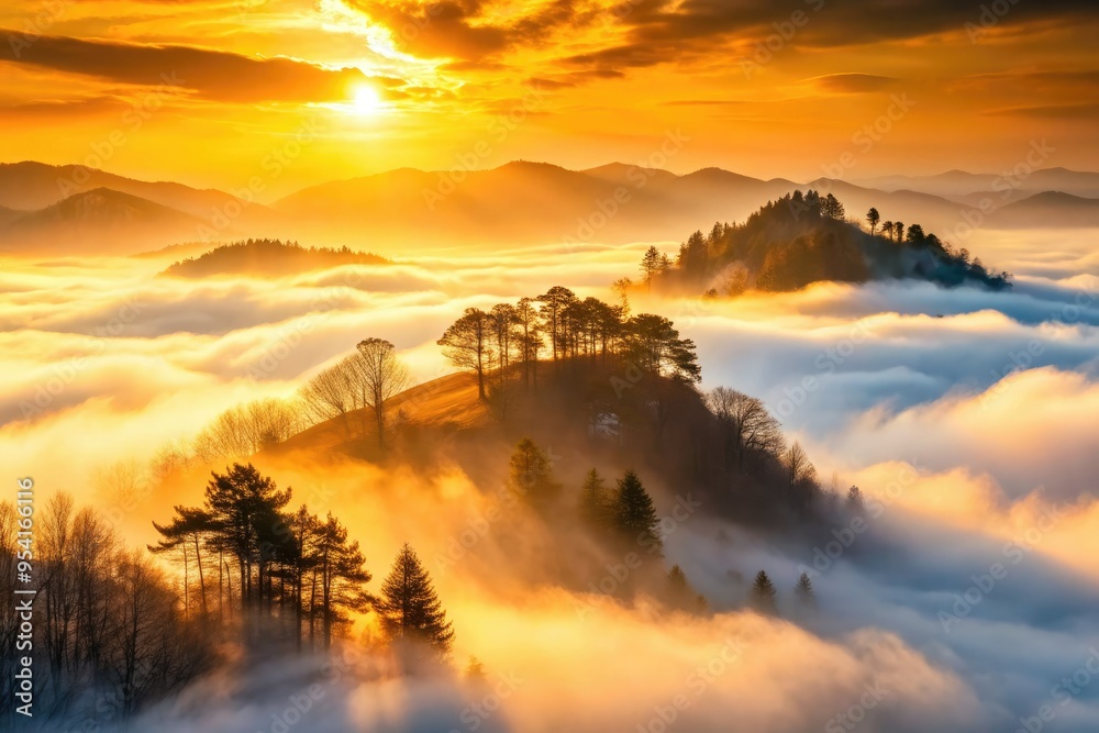 Obraz premium isolated souls entwined in misty foggy mountainscape at dawn with soft warm golden light and subtle shadows on a moody atmospheric winter morning