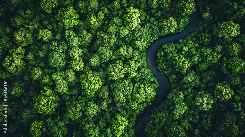 Aerial View of a Winding River Through a Lush Forest Aerial View of a Winding River Through a Lush Forest