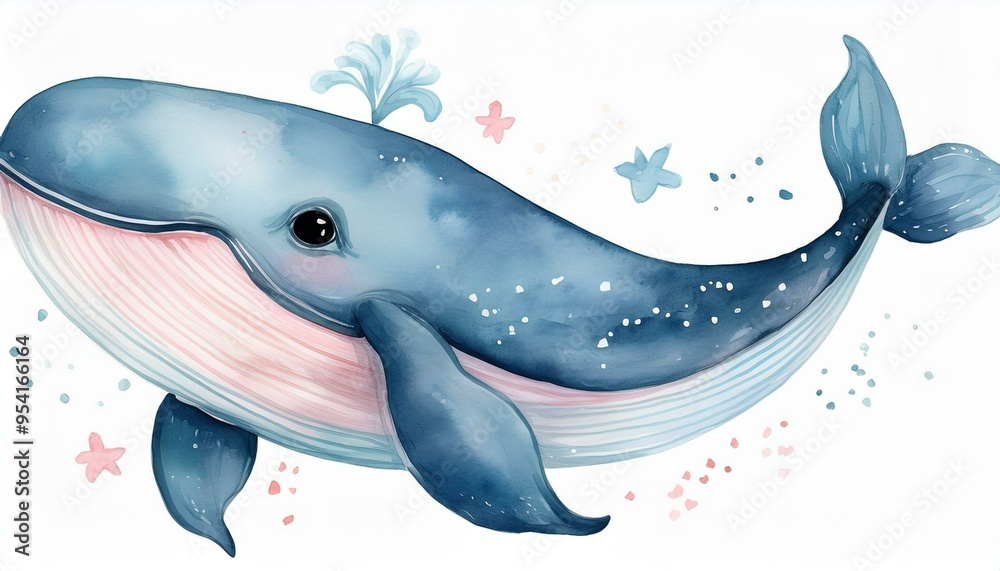 Fototapeta premium Cute whale watercolor clipart.