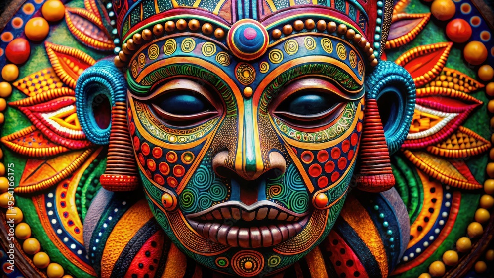 dot painted ancient tribal mask with intricate patterns and bold colors in high contrast with dynamic composition and primal energy dot painted ancient tribal mask with intricate patterns and bold colors in high contrast with dynamic composition and primal energy