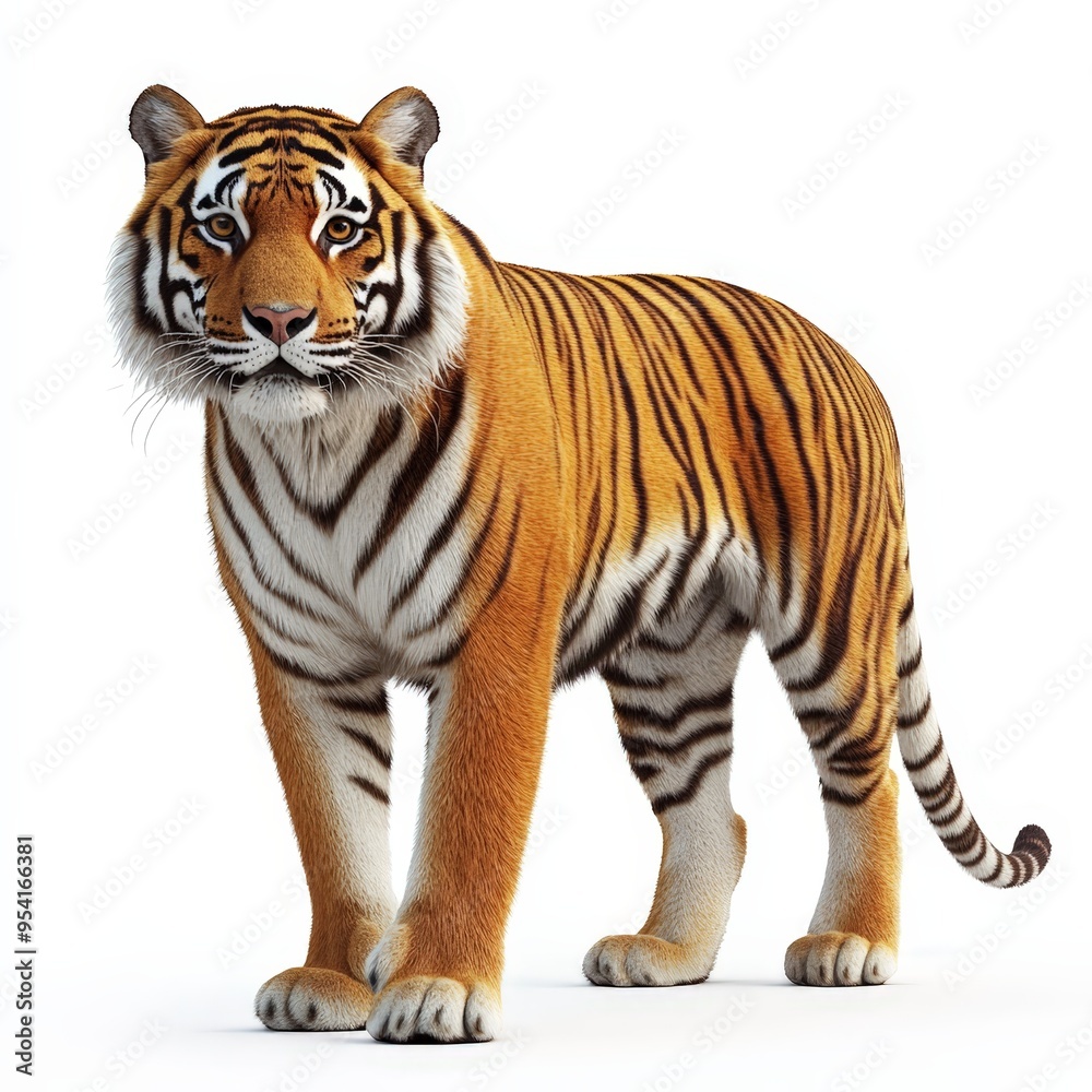 Fototapeta premium A tiger stands on a white background, looking directly at the camera