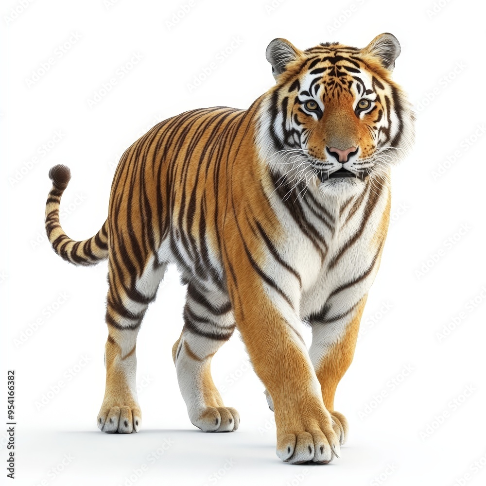 A tiger is walking on a white background A tiger is walking on a white background