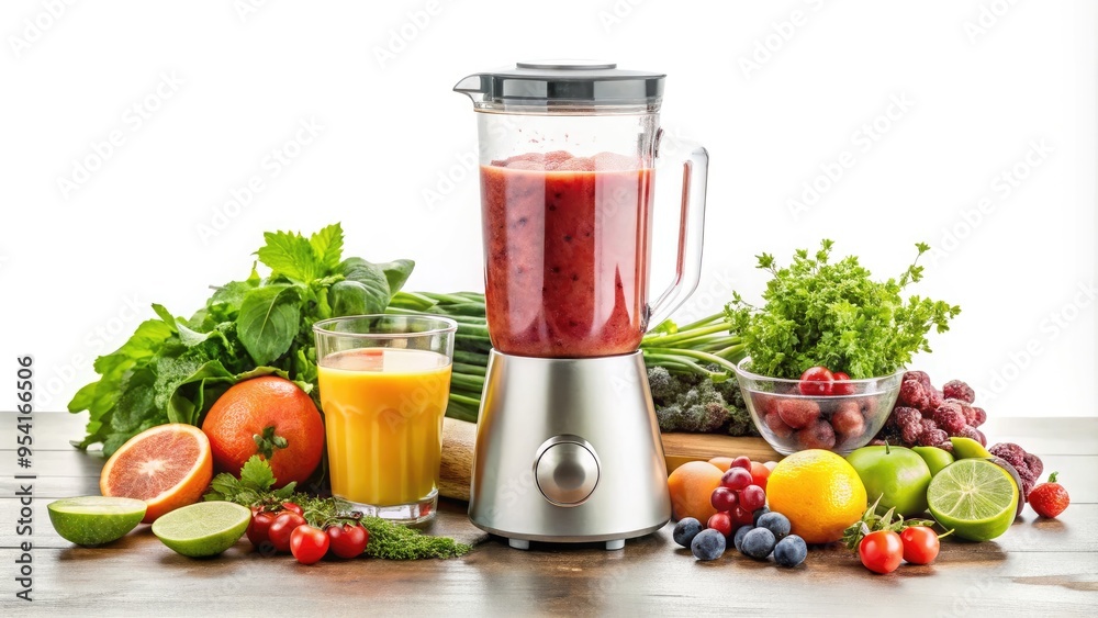 Modern Blender On A White Background With A Glass Of Healthy Freshly Made Smoothie And Scattered Ingredients