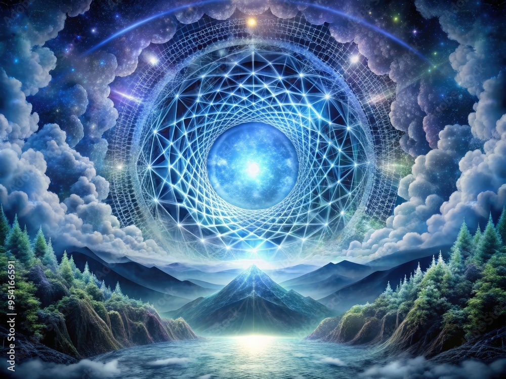 Cybernetic lattice patterns merge ethereal misty landscape cosmic ...