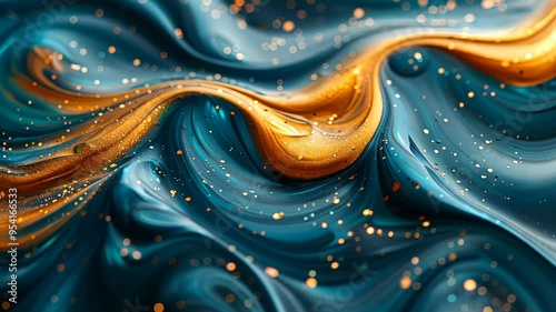 Abstract blue and gold fluid art with glitter, artistic background. Creative design and luxury decor concept