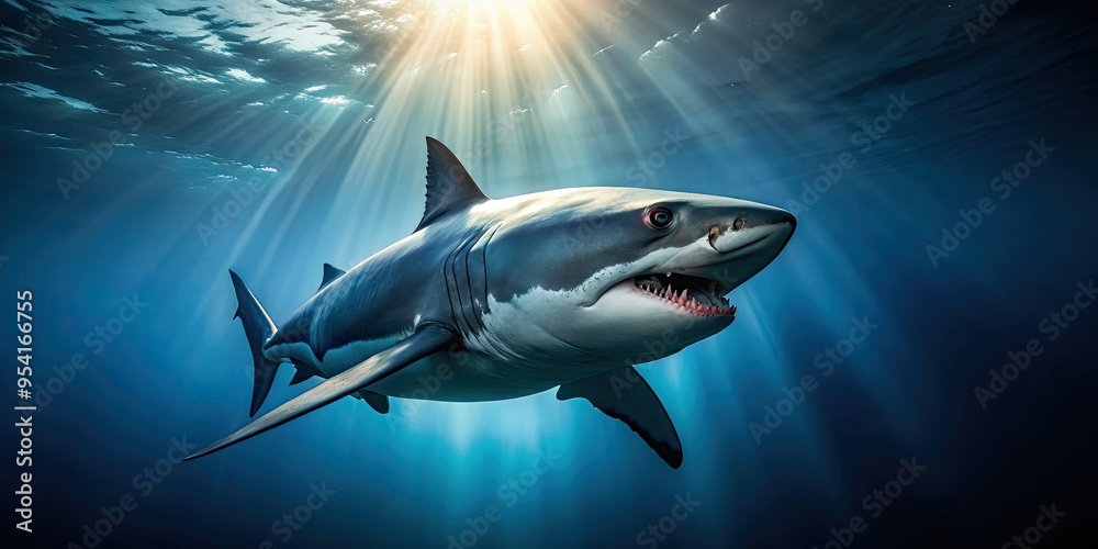 ocean predator great white shark menacing gaze murky deep blue water ominous atmosphere strong backlight dramatic shadows ocean predator great white shark menacing gaze murky deep blue water ominous atmosphere strong backlight dramatic shadows