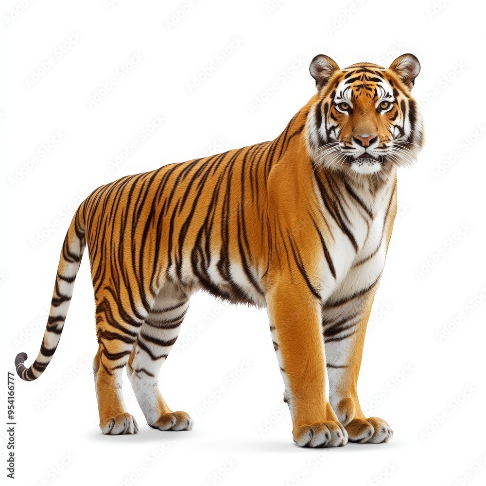 Obraz premium A tiger stands on a white background, looking directly at the camera