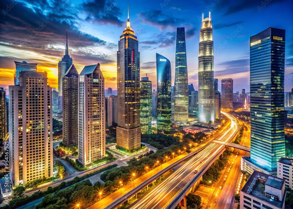 Obraz premium Modern cityscape with sleek, glass-and-steel skyscrapers, bustling streets, and vibrant urban lights, showcasing