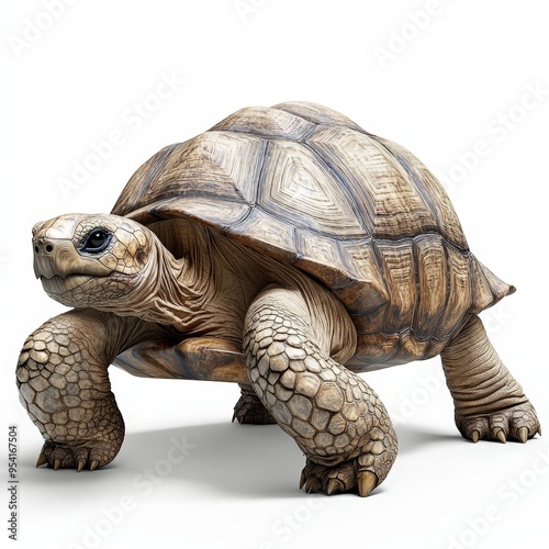 A large tortoise is standing on a white background