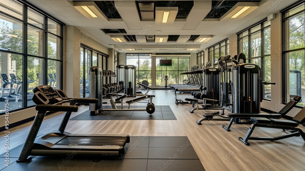 Modern Fitness Center with State-of-the-Art Equipment and Large Windows for Natural Light Modern Fitness Center with State-of-the-Art Equipment and Large Windows for Natural Light