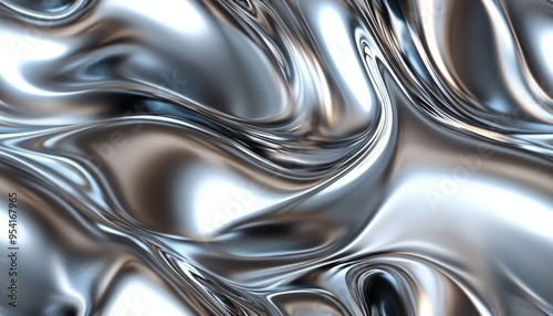 Abstract metallic liquid texture in silver tones, creating a mesmerizing and fluid reflective surface for modern designs.