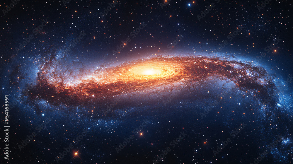 Fototapeta premium The image depicts a breathtaking spiral galaxy, glowing with intense light at its core, surrounded by swirling arms of stars and cosmic dust. The center shines with a bright, warm orange hue, while th