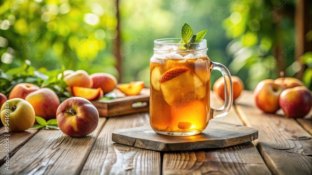 wooden table rustic iced peach tea summer afternoon warm soft focus natural light cozy intimate relaxing serene tranquility wooden table rustic iced peach tea summer afternoon warm soft focus natural light cozy intimate relaxing serene tranquility
