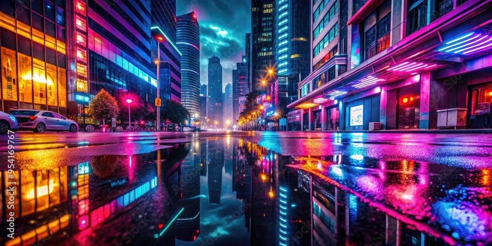 vibrant colorful neon transparent road night cityscape reflection puddle warm glowing futuristic urban landscape moody dramatic atmosphere