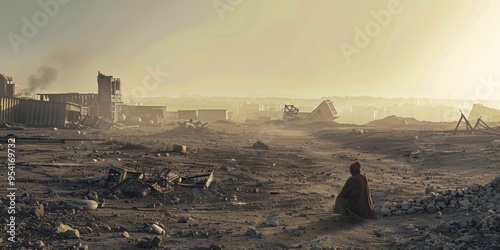 A lone woman scavenges for resources in a desolate wasteland, ruins of buildings in the distance photo