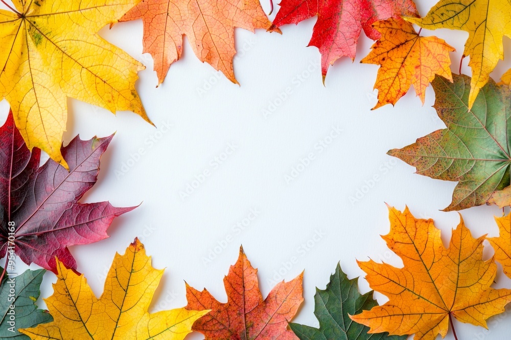Fototapeta premium Autumn Maple Leaves Flat Lay White Background created with Generative AI
