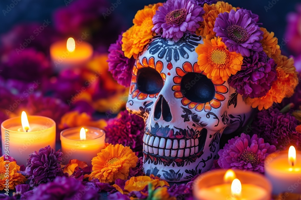 Vibrant Celebration Banner Mexico's Day of the Dead Festivities suitable for business background, posters, wallpapers, banners, greeting cards, and advertising for business entities or brands.