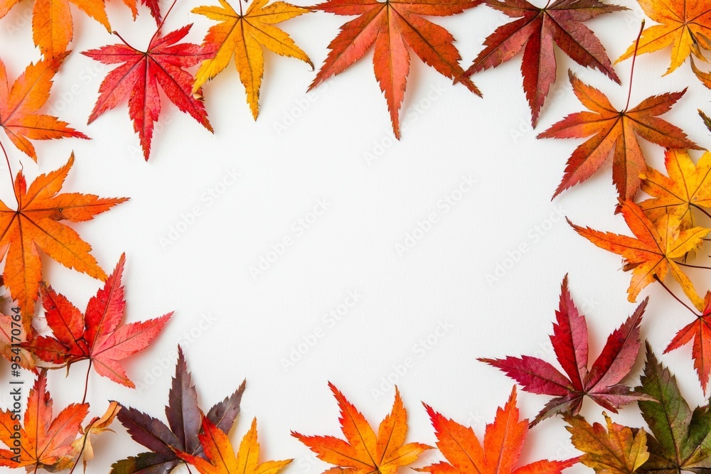 Autumn Maple Leaves Flat Lay White Background created with Generative AI Autumn Maple Leaves Flat Lay White Background created with Generative AI