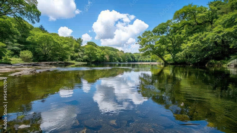 Serene River Reflection in a Lush Forest Serene River Reflection in a Lush Forest