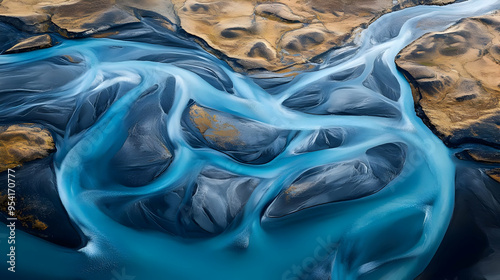 An aerial view of a blue gl...