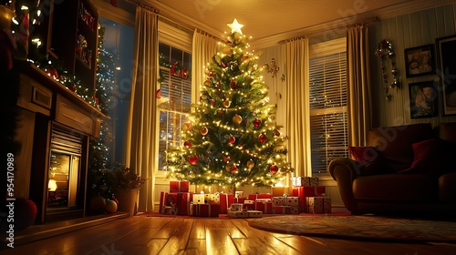 Christmas inside a living room at night