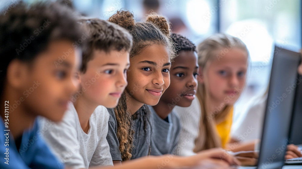 A group of children are sitting in a classroom and looking at a computer screen A group of children are sitting in a classroom and looking at a computer screen