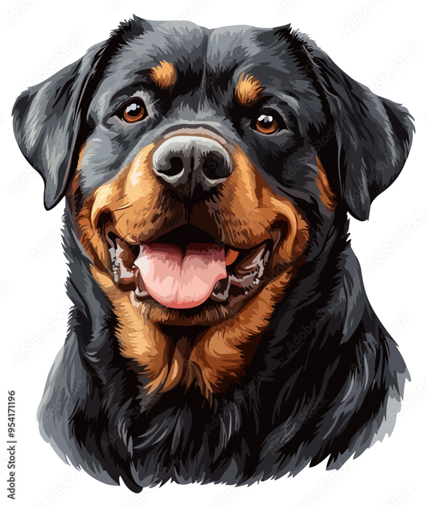 Obraz premium Rottweiler Dog Face: A strong, imposing illustration of a Rottweiler's face, showcasing the breed's powerful build and protective nature. Isolated on a white background.