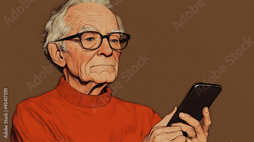 An elderly man in a red swe...