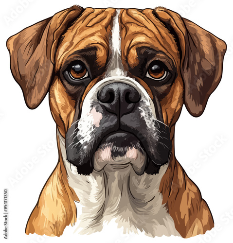 Boxer Dog Face: A dynamic, energetic illustration of a Boxer's face, capturing its muscular build and playful spirit. Isolated on a white background.