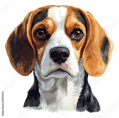 Beagle Dog Face: A charming, realistic illustration of a Beagle's face, capturing its playful and curious nature. Isolated on a white background.
