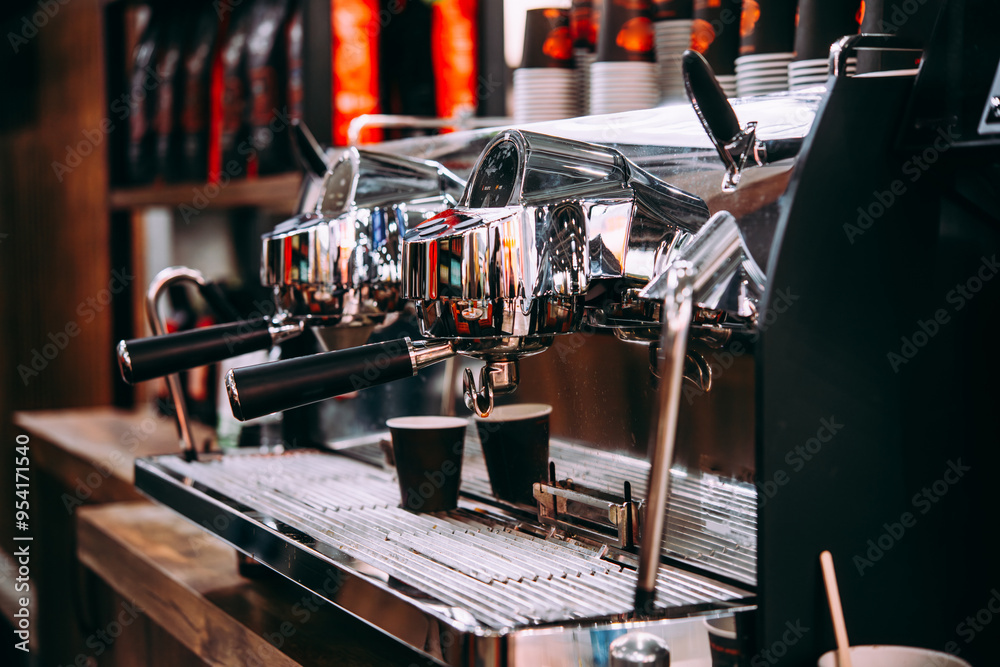 Professional coffee machine ready for service in a bar of coffee shop.