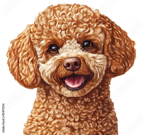Poodle Dog Face: An elegant, stylized illustration of a Poodle's face, highlighting the breed's curly fur and intelligent eyes. Isolated on a white background.