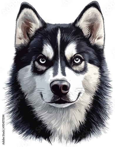 Husky Dog Face: A striking, detailed illustration of a Husky's face, showcasing its piercing eyes and thick fur. Isolated on a white background.