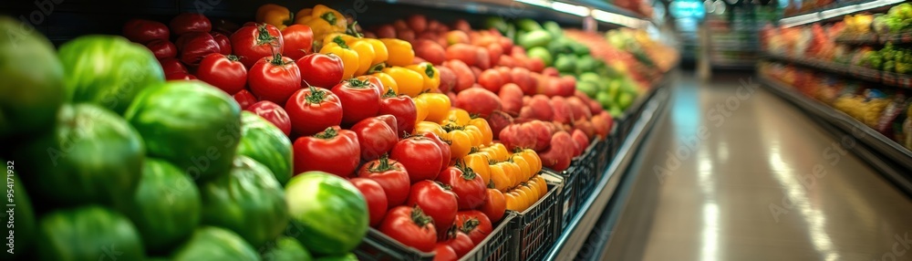 A large display of fresh produce in a grocery store A large display of fresh produce in a grocery store