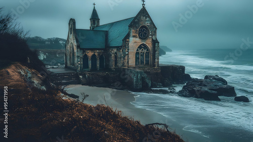 Ancient stone church on a c...