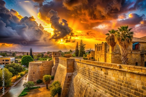 nicosia city walls cyprus medieval fortifications imposing stone structures golden light dramatic clouds moody atmosphere ancient battles historic significance photo