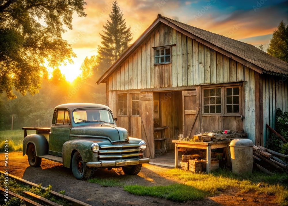 Rustic rural garage morning dew oil-splattered Overalls worn wooden workbench vintage pickup truck patina faded paint nostalgic Americana golden hour soft focus warmth Rustic rural garage morning dew oil-splattered Overalls worn wooden workbench vintage pickup truck patina faded paint nostalgic Americana golden hour soft focus warmth