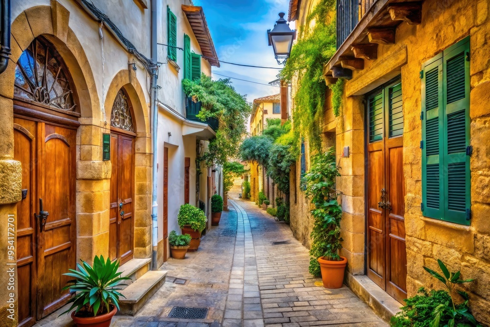 Fototapeta premium nicosia old city cyprus narrow streets charming atmosphere quaint architecture warm light rustic doors cozy atmosphere intimate moments