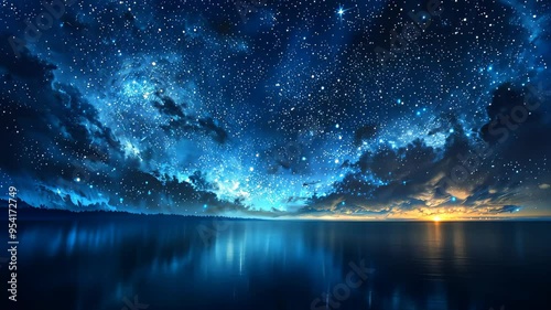 Starry night sky over ocean horizon, cosmic serenity and tranquility concept