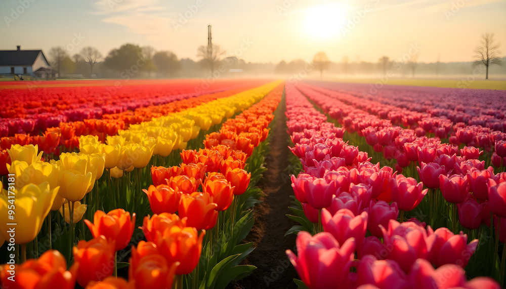 Colorful Rows of Tulips in Bloom at Sunrise Colorful Rows of Tulips in Bloom at Sunrise