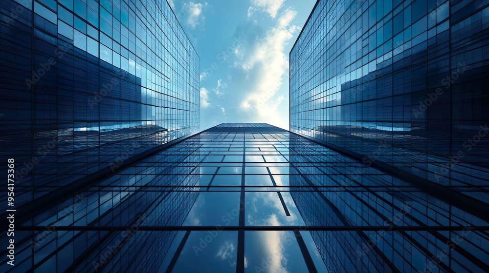 Urban office building featuring sleek glass facade ideal for modern imagery