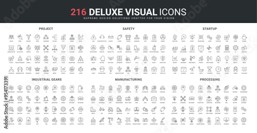 Gears and equipment, labor protection in construction and industry line icon set. Rocket launch of new project and startup, manufacturing automation thin black outline symbols vector illustration