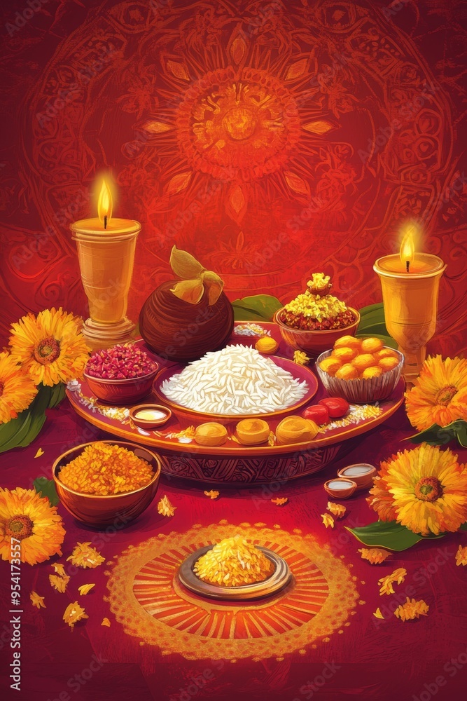 A festive arrangement featuring sweets, rice, and candles for celebration. A festive arrangement featuring sweets, rice, and candles for celebration.