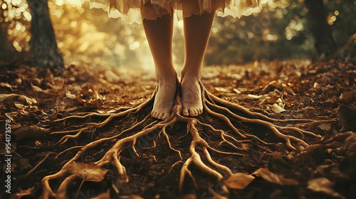 Bare feet standing on tree ...