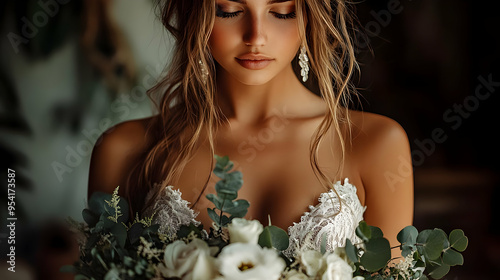 Beautiful bride looking dow...